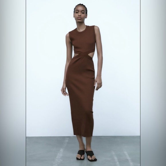 Zara Dresses & Skirts - NEW Zara Women Cut Out Maxi Dress Medium Chocolate Brown Rib Knit Sleeveless